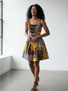 ABS vintage Bright Patchwork Floral & Leopard Print Sundress NWT size S